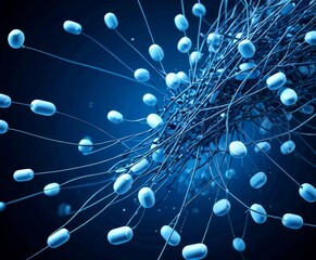 Leinwandbilder - a complex network of interconnected blue spheres, resembling a web or a cluster of interconnected nodes, against a dark blue background