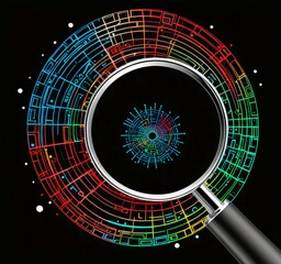 Aufkleber - A magnifying glass is held over a complex, colorful network of lines and shapes, revealing a central, intricate pattern within the network