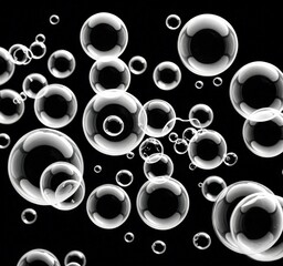Fototapete - A collection of numerous transparent soap bubbles floating against a black background