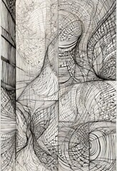 Poster - a black and white abstract artwork featuring a complex network of intersecting lines and shapes, creating a sense of depth and movement