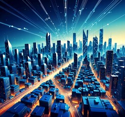 a futuristic cityscape with towering skyscrapers and a network of roads and highways, illuminated by a vibrant blue and orange glow