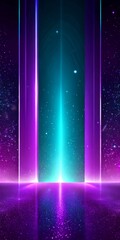 Aufkleber - a futuristic, neon-lit scene with a glowing green and purple tunnel-like structure at the center, flanked by vertical lines of purple and blue lights