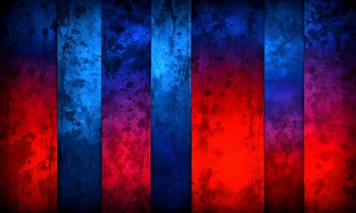 Poster - a vertical arrangement of vertical stripes in varying shades of blue, red, and black, creating a dynamic and textured visual effect