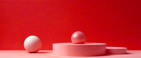 Poster - Three white spheres are arranged on a pink pedestal against a pink background