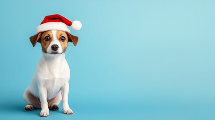 Cute puppy wearing a Santa hat on a blue background. Perfect for Christmas and holiday-themed projects, greeting cards, and decorations.