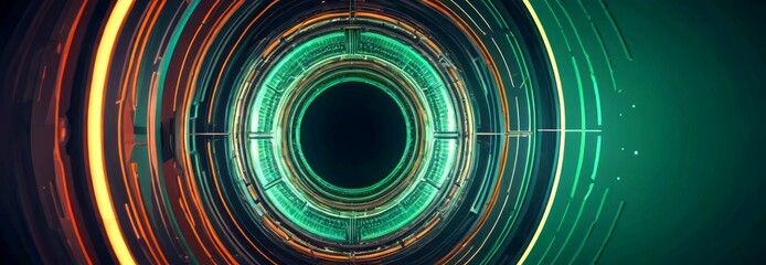 Aufkleber - a futuristic, circular design with a central black hole surrounded by concentric circles of varying colors, including orange, green, and yellow, creating
