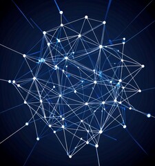 Poster - a complex network of interconnected lines and dots, resembling a digital or technological structure The lines and dots are arranged in a way that creates