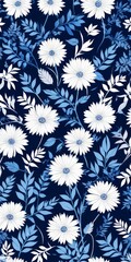 Poster - a repeating pattern of white daisies and blue leaves against a dark blue background