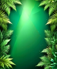 Poster - A vibrant green background with a triangular shape in the center, surrounded by lush tropical leaves on either side