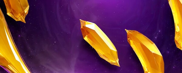 Leinwandbilder - a collection of golden, faceted crystals floating against a purple backdrop with a starry sky