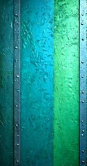 Poster - a close-up view textured surface with vertical metal strips in various shades of green and blue, creating a sense of depth and dimension