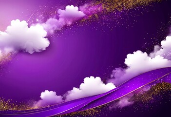 a purple sky with fluffy white clouds, a purple ribbon, and gold glittering particles