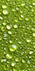 Poster - A close-up view of numerous water droplets vibrant green color, scattered across a textured surface