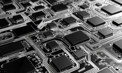 Fototapete - A close-up view complex circuit board, showcasing intricate black and white patterns of electronic components