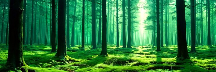 Aufkleber - A dense, moss-covered forest with tall, dark-trunked trees and a soft, green light filtering through the canopy