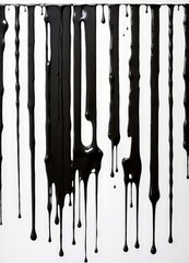 Poster - a close-up view black liquid, possibly ink or paint, dripping down a white background The liquid appears to be in a vertical column, with the droplets varying in size