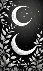Poster - a crescent moon with a starry night sky in the background, surrounded by a black and white floral pattern with leaves and branches