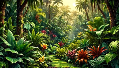 Poster - A lush, tropical forest scene with a winding path, vibrant flowers, and towering palm trees