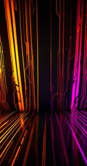 Aufkleber - a futuristic room with a black background and a repeating pattern of vertical lines in various colors, including orange, yellow, pink, and purple