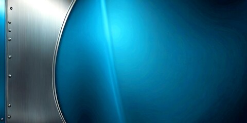 Poster - a metallic surface with a curved edge and a metallic panel on the left side, set against a gradient blue background