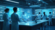 © StockShop - Cutting-Edge Futuristic Laboratory with Scientists Analyzing Holographic Data in High-Tech Environment