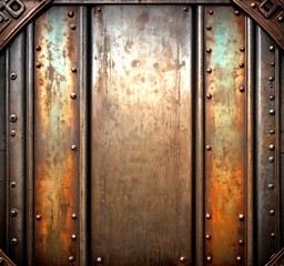 Leinwandbilder - a close-up view rusted metal surface with a textured, weathered appearance The metal is composed of vertical bars, each adorned with a series of rivets and studs, creating