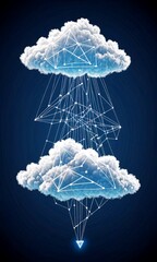 Poster - a digital illustration cloud with a network of lines and dots, resembling a digital network or data transmission, with a small triangle-shaped light at the bottom