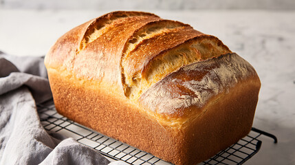 An artisan loaf of bread cools on a rack healthy delicious food concept