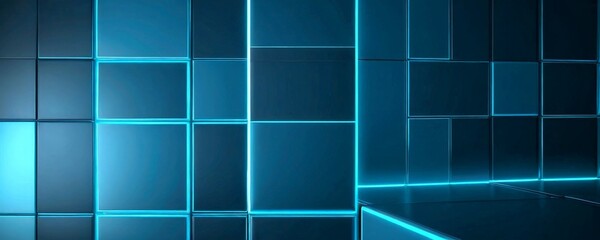Aufkleber - a futuristic room with a grid-like pattern of blue and black rectangular panels, illuminated by a blue light