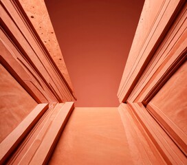 Fototapete - a striking architectural structure with a series of vertical lines and a central open space, set against a gradient background transitioning from a deep red at the top to