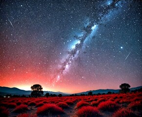 Poster - A breathtaking night sky unfolds over a field of red flowers, with the Milky Way galaxy stretching across the horizon and a shooting star streaking across the frame