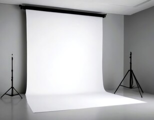 Poster - A black and white photo studio setup with a large white sheet, two black tripod lights, and a black roller on a track