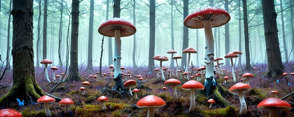 Poster - A forest floor covered in red mushrooms, with a few trees and a misty background