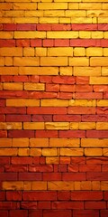 Fototapete - A close-up view brick wall, with the bricks arranged in a staggered pattern and displaying a warm, earthy color palette of red, orange, and yellow