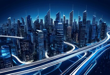 Poster - A futuristic cityscape with towering skyscrapers and a complex network of roads and highways, illuminated by a blue and white color scheme