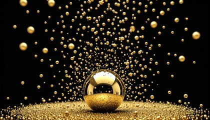 Leinwandbilder - A shiny golden sphere rests on a bed of glittering gold particles, surrounded by a shower of golden spheres against a black background
