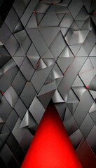 Fototapete - a dark, geometric pattern composed of numerous black triangles arranged in a grid-like fashion, with a red triangle at the bottom center