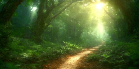 Poster - A winding dirt path leads through a dense, lush forest, with sunlight filtering through the trees and casting a warm glow on the surrounding greenery