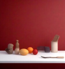 Aufkleber - A still life composition featuring a variety of objects, including a bottle, a bowl, a fruit (orange and red), and a fork, set against a red background