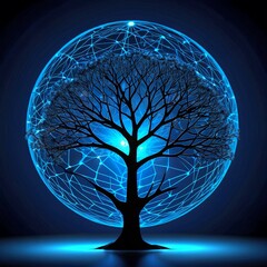 Fototapete - a tree with a network of branches and leaves, encased within a glowing blue sphere The tree is positioned centrally, with the sphere enveloping it from all sides, creating