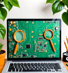 Aufkleber - A laptop screen displays a circuit board with two magnifying glasses, surrounded by a potted plant and office supplies, creating a workspace scene