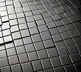 Poster - A close-up view black and white grid of square tiles, with some tiles missing or partially visible
