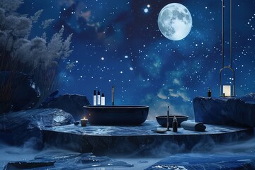 Wall Mural - A night sky-inspired setting for showcasing luxurious beauty products under the stars