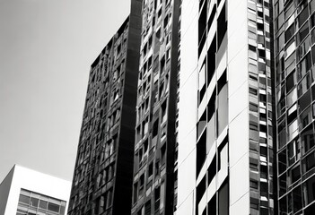 Aufkleber - A black and white photograph tall, modern building with a grid-like pattern of windows