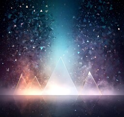Aufkleber - a digital art piece featuring three triangular structures with reflective surfaces, set against a dark background with a starry sky and scattered light