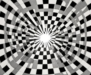 Poster - a black and white photograph spiral pattern composed of square tiles arranged in a radial design The central point of the spiral is a bright light