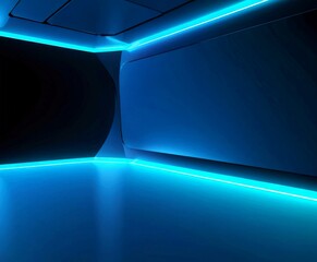 Aufkleber - a futuristic interior space with a sleek, curved wall and a floor that glows with blue light The walls are painted in a dark blue color, and the floor