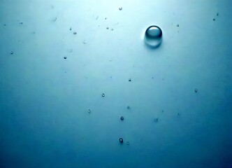 Poster - A single water droplet rests on a light blue surface, surrounded by numerous smaller droplets, creating a serene and tranquil atmosphere