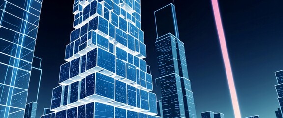 Poster - A futuristic cityscape with towering skyscrapers illuminated by a neon glow, set against a dark night sky