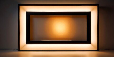 Poster - A minimalist black and white rectangular frame with a warm yellow light shining through, casting a soft glow on the surface below